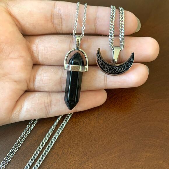 Crescent Moon Black Hexagonal Column Quartz Pendant 2 Layered Silver Necklace - Picture 3 of 4